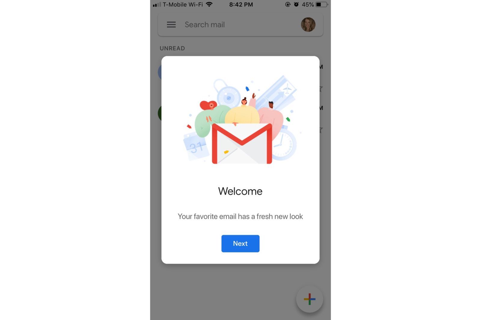Gmail app welcome screen with onboarding modal and Next button.