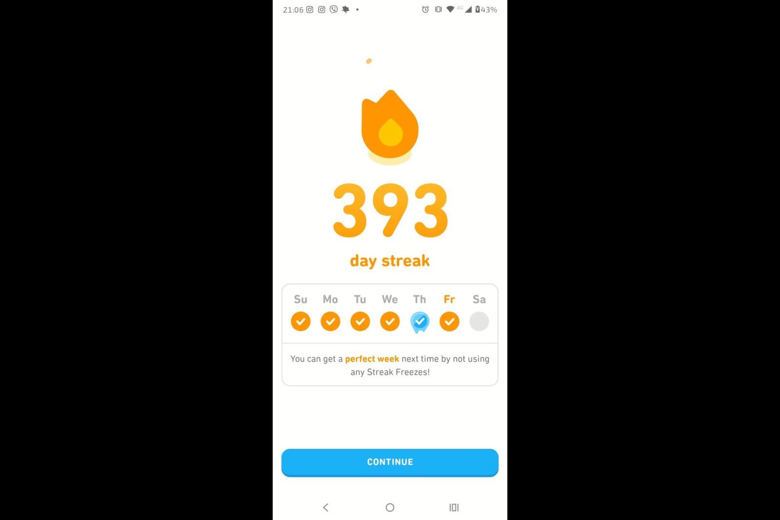 Duolingo streak freeze feature showing protection against losing a daily learning streak.