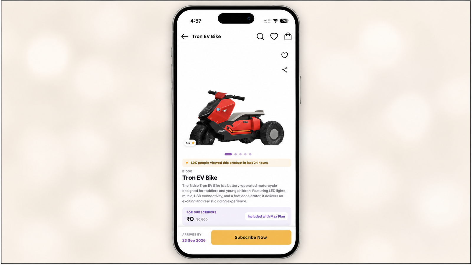 16:9 presentation image featuring a centered smartphone displaying a Tron EV Bike product page, including the red-and-black electric bike, product details, subscriber pricing, delivery date, and “Subscribe Now” CTA. The phone is placed against a softly blurred cream background with a thin black border around the outer edges.