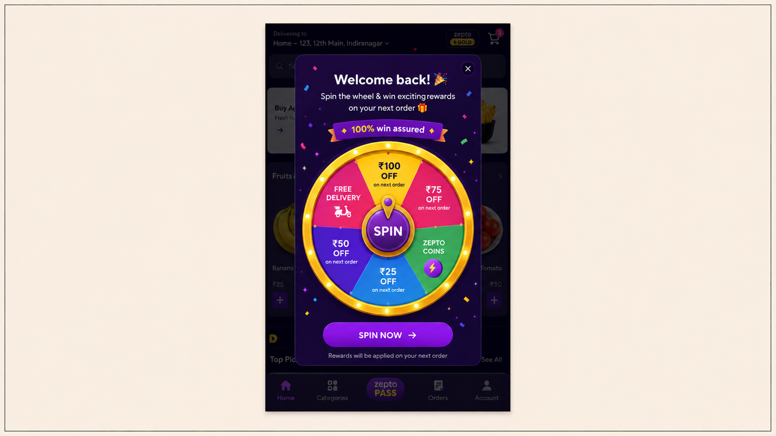 A mobile app order confirmation screen featuring a "Scratch & Win" reward card immediately after purchase. The interface displays an order confirmation message, delivery details, and a gold scratch card inviting users to reveal a surprise reward. The design highlights a post-purchase engagement mechanic that encourages repeat orders through gamified, variable rewards.