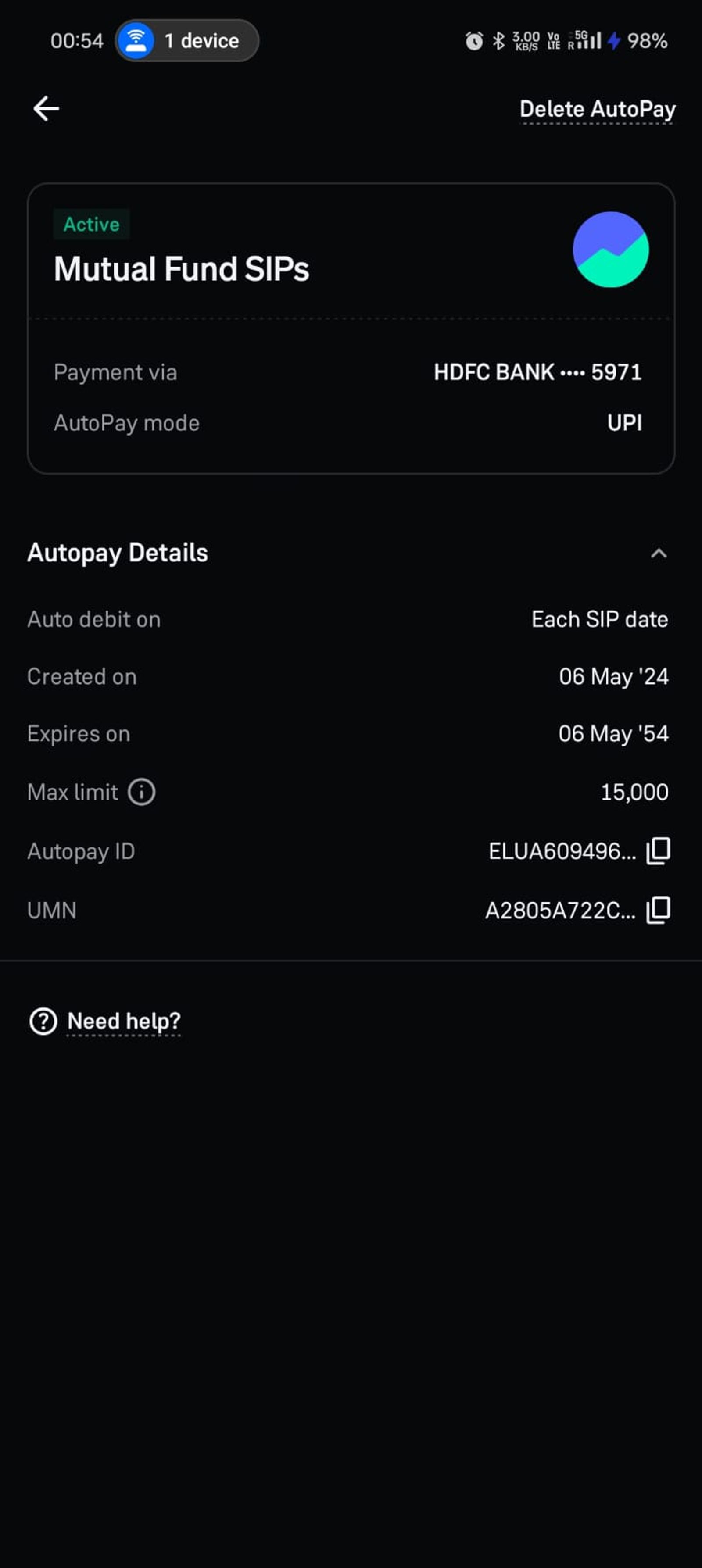 “Autopay settings screen for mutual fund SIPs showing an active UPI autopay via HDFC Bank, with auto-debit schedule, creation and expiry dates, maximum limit, and autopay identifiers.”