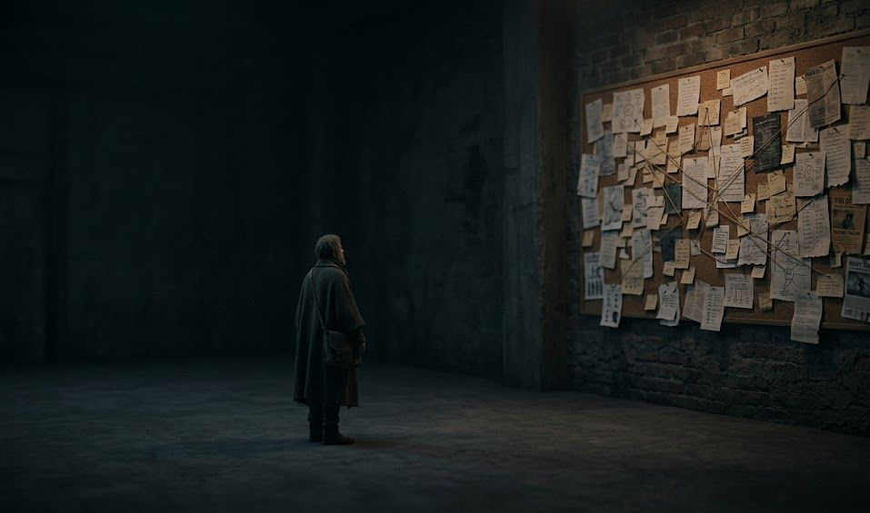 A dark, minimalist scene showing a glowing, arched doorway with a shadowy figure standing inside, partially reflected on a glossy floor, creating a mysterious and atmospheric mood.