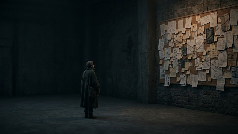 A dark, minimalist scene showing a glowing, arched doorway with a shadowy figure standing inside, partially reflected on a glossy floor, creating a mysterious and atmospheric mood.