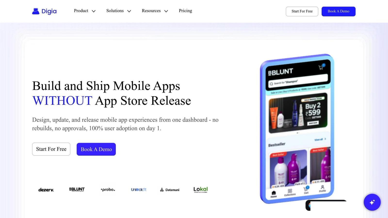 Digia promoting mobile app creation without app store release. Features a dashboard, app design visuals, and buttons to start for free or book a demo.