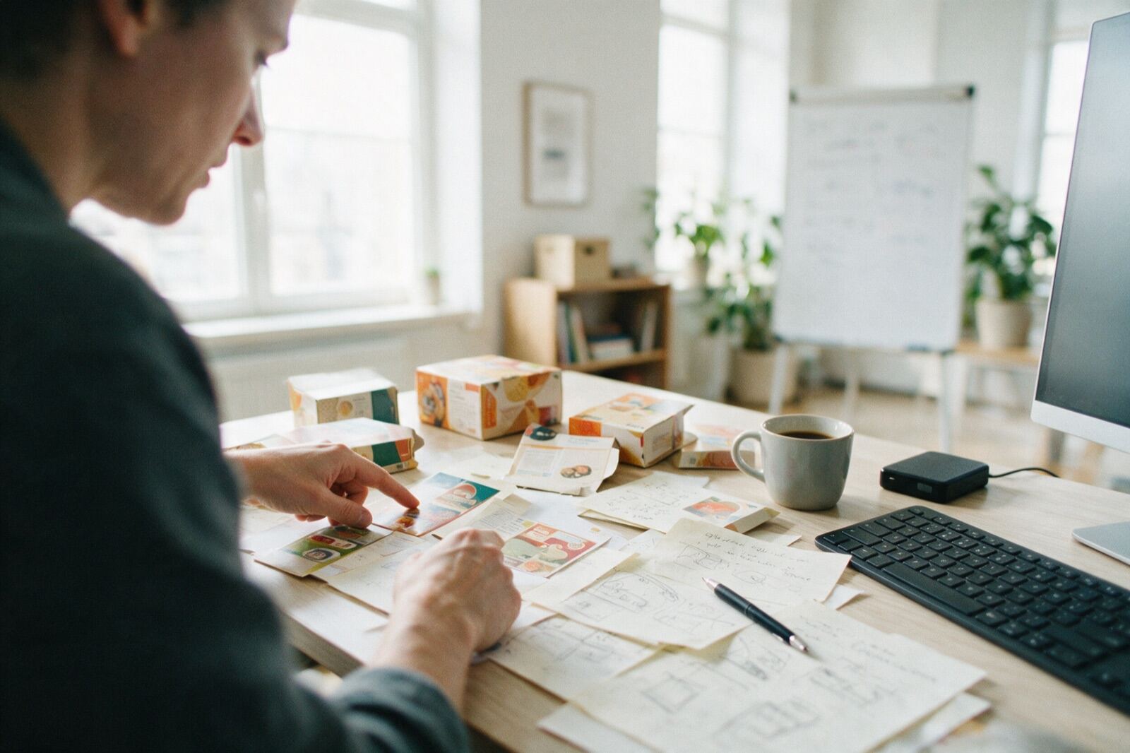 Artwork review at a desk: packaging samples, layout printouts and handwritten notes side by side.