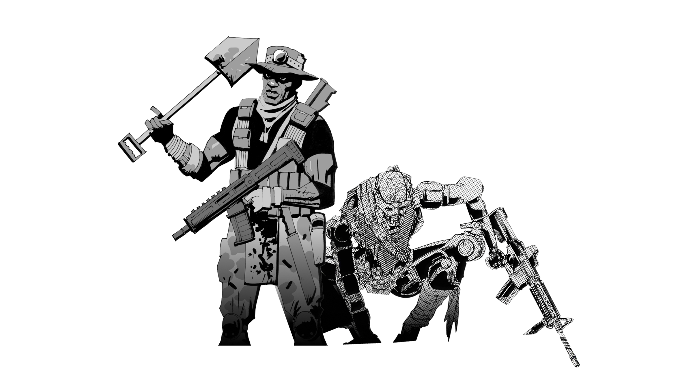 One Zero One character designs — a masked figure and the robotai manga