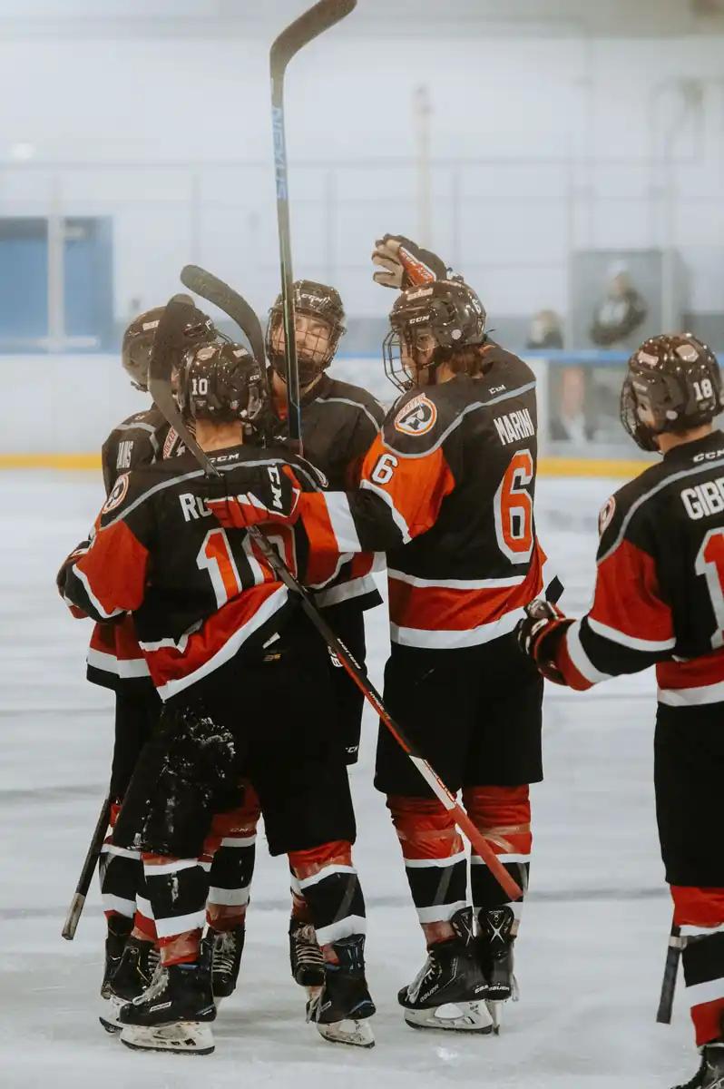 Stock photograph of hockey teammates celebrating, illustrating a team collaboration