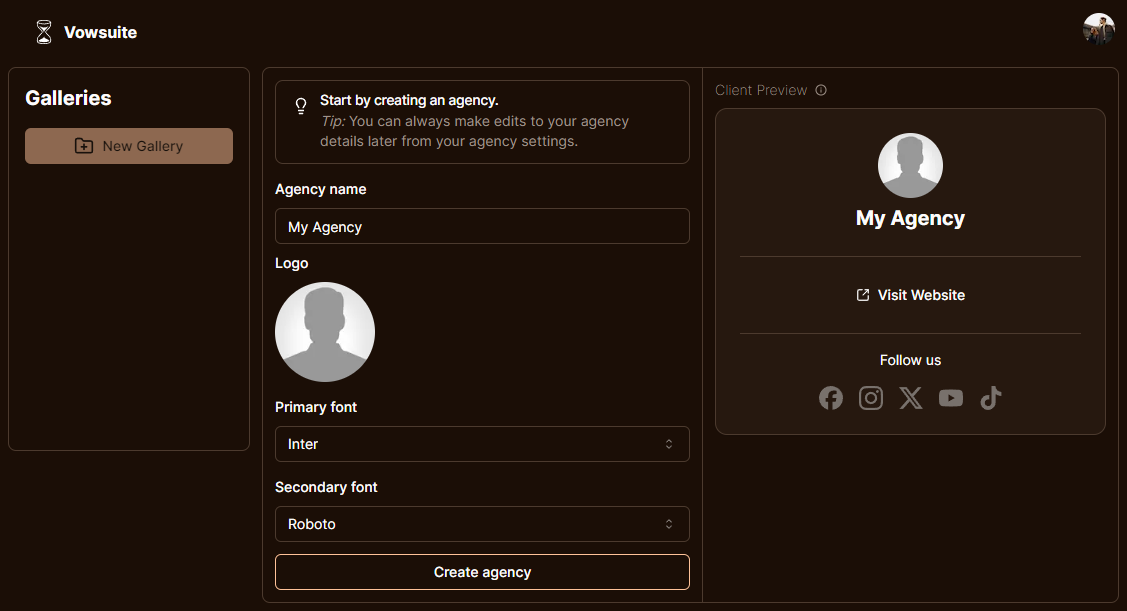Vowsuite UI - branding settings for galleries