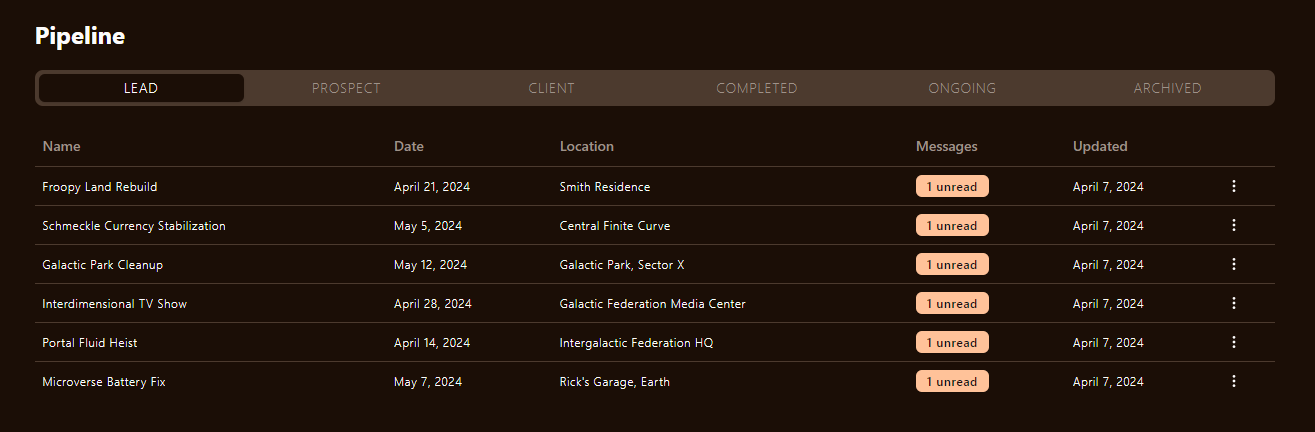 Pipeline - Vowsuite grew to be a complete CRM, with lead tracking stages for projects