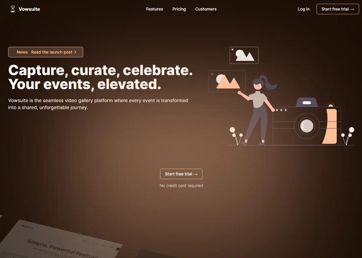 Marketing site - early v1 homepage of the Vowsuite marketing site
