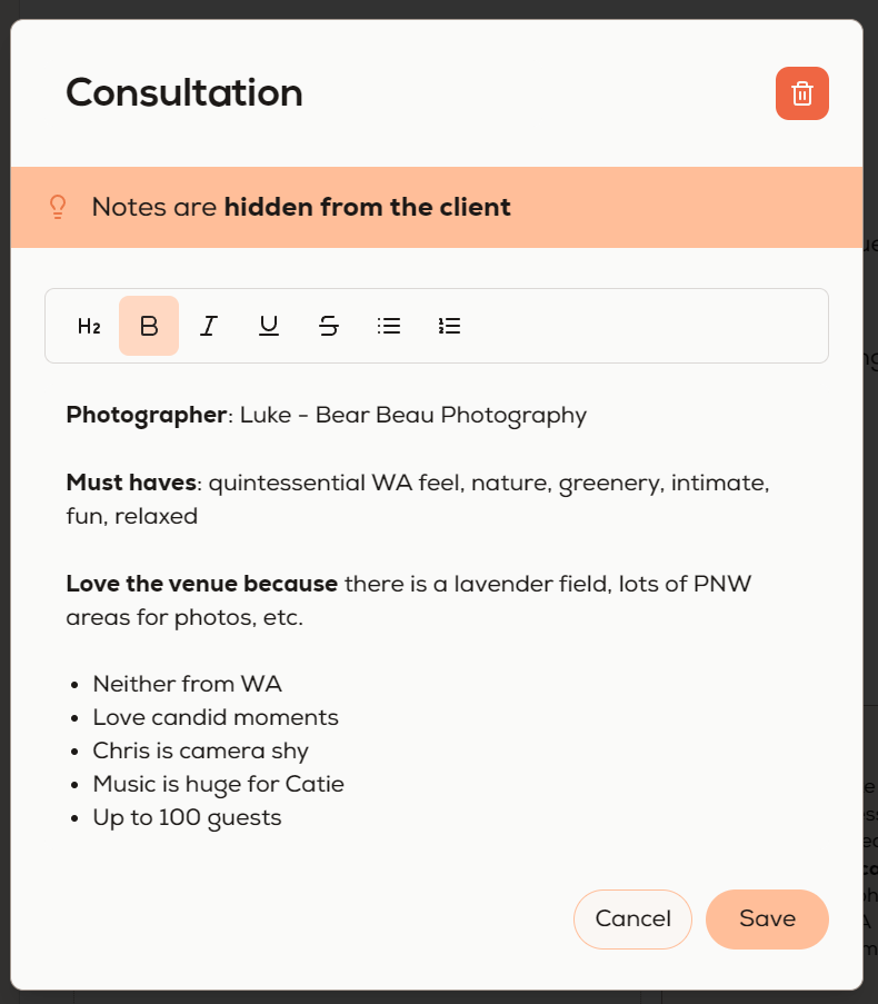 Vowsuite UI - writing a note about a client