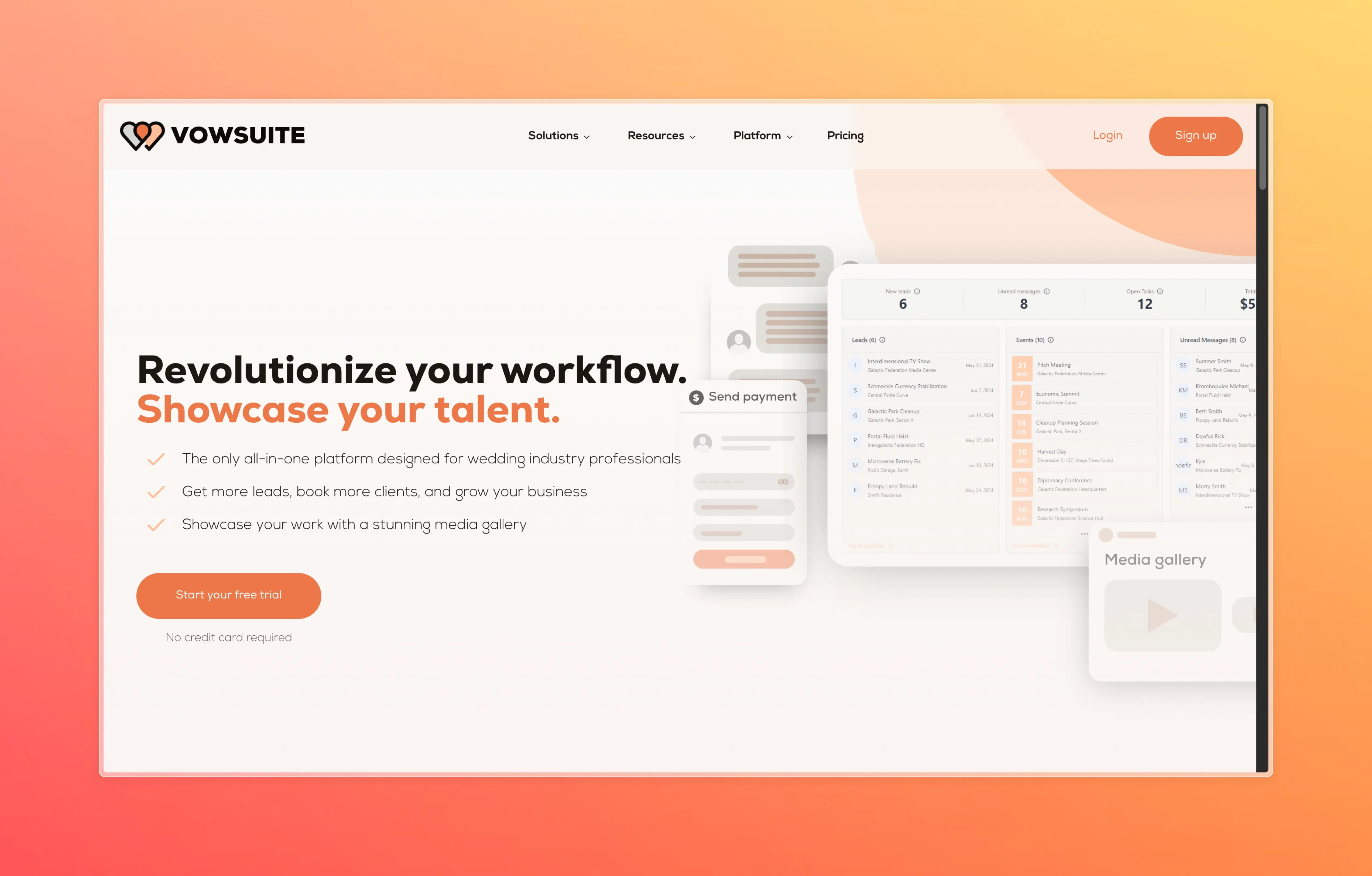 Screenshot of the homepage of the Vowsuite marketing site