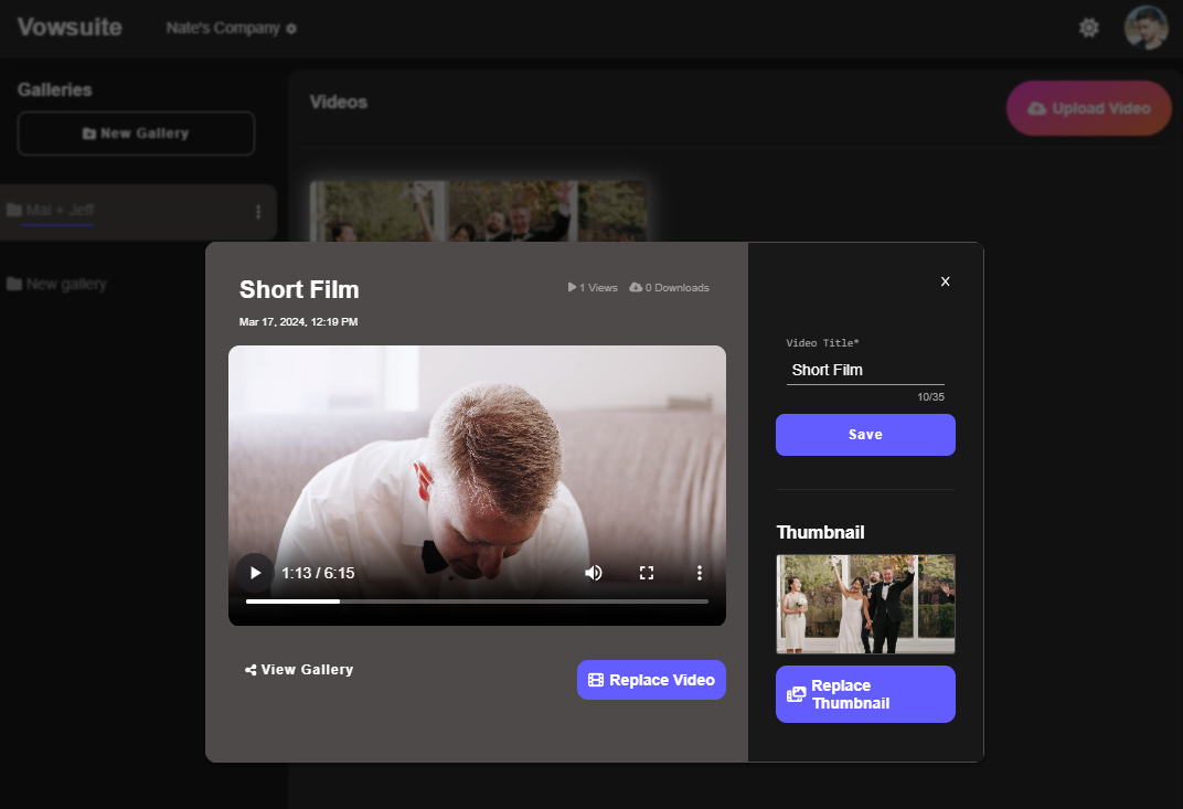 Vowsuite studio - editing an uploaded video's thumbnail in v1 of Vowsuite