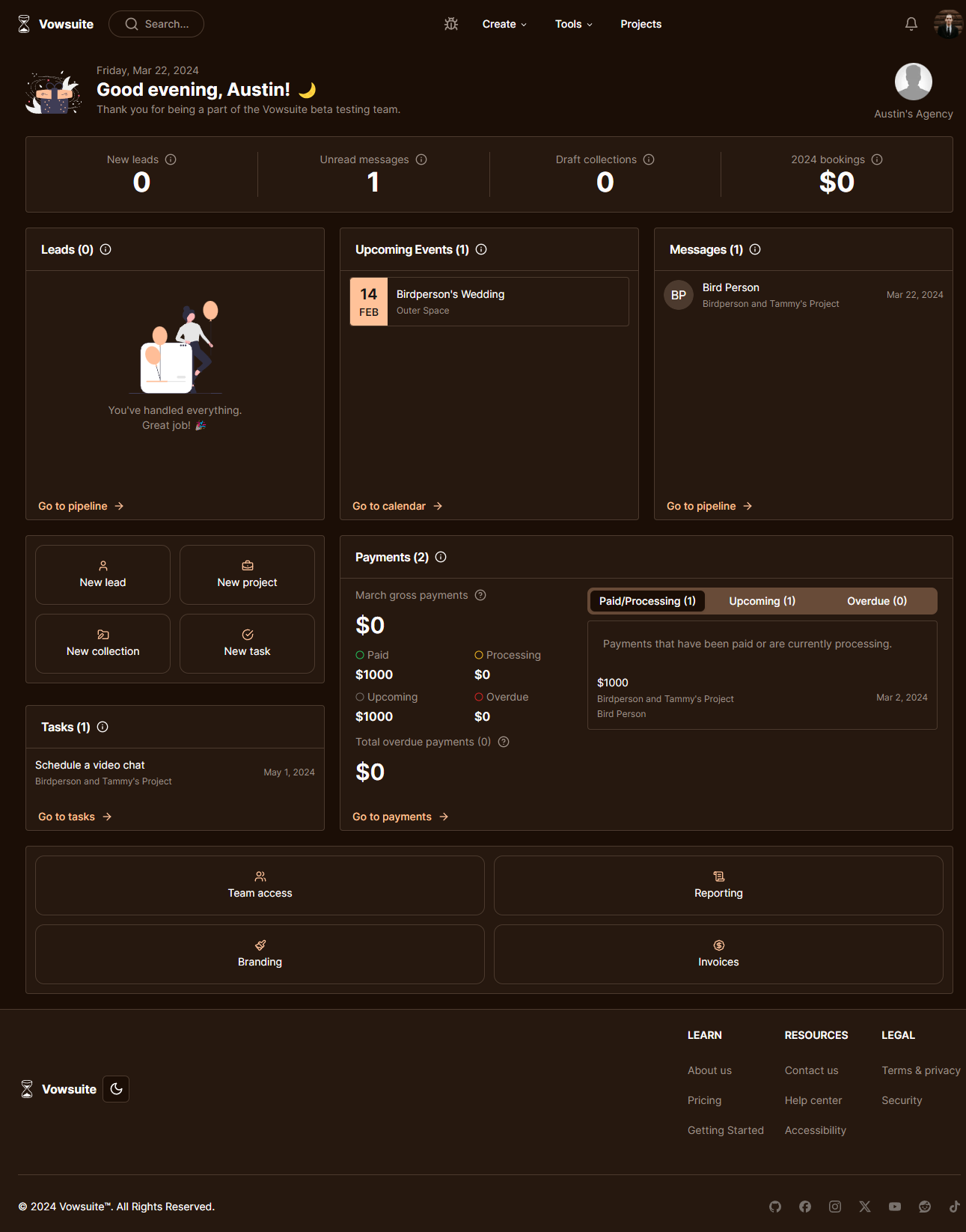 Vowsuite dashboard - early v1 prototype of the user dashboard