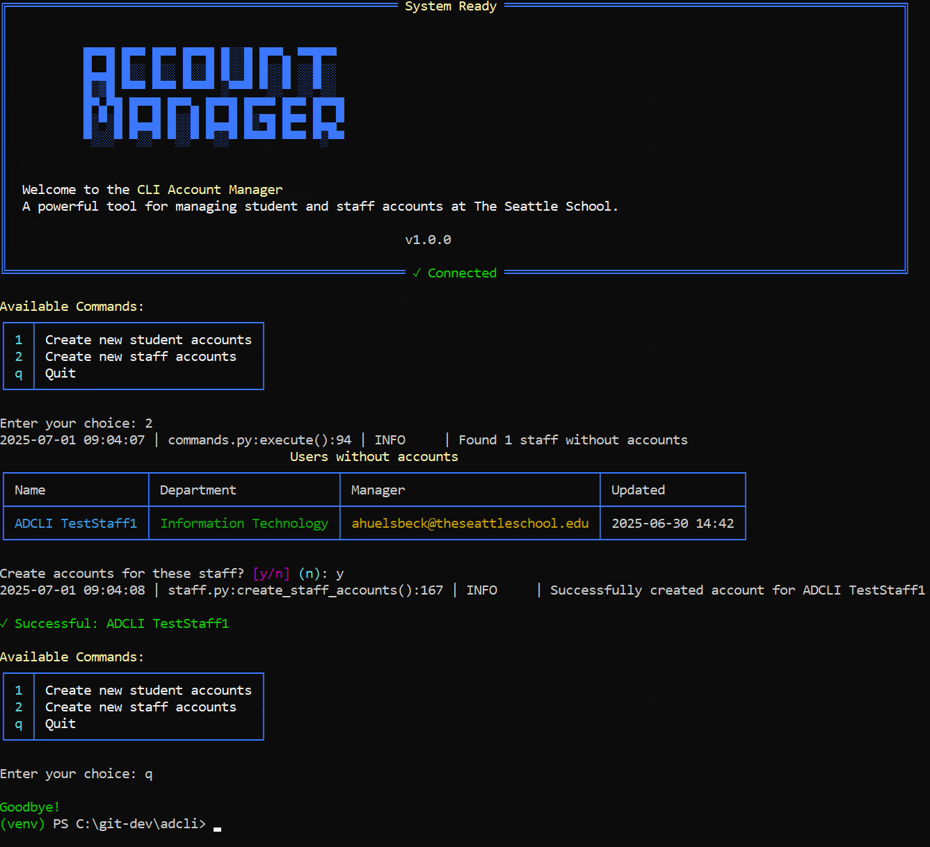 Account Manager starting up, querying new students, and creating accounts