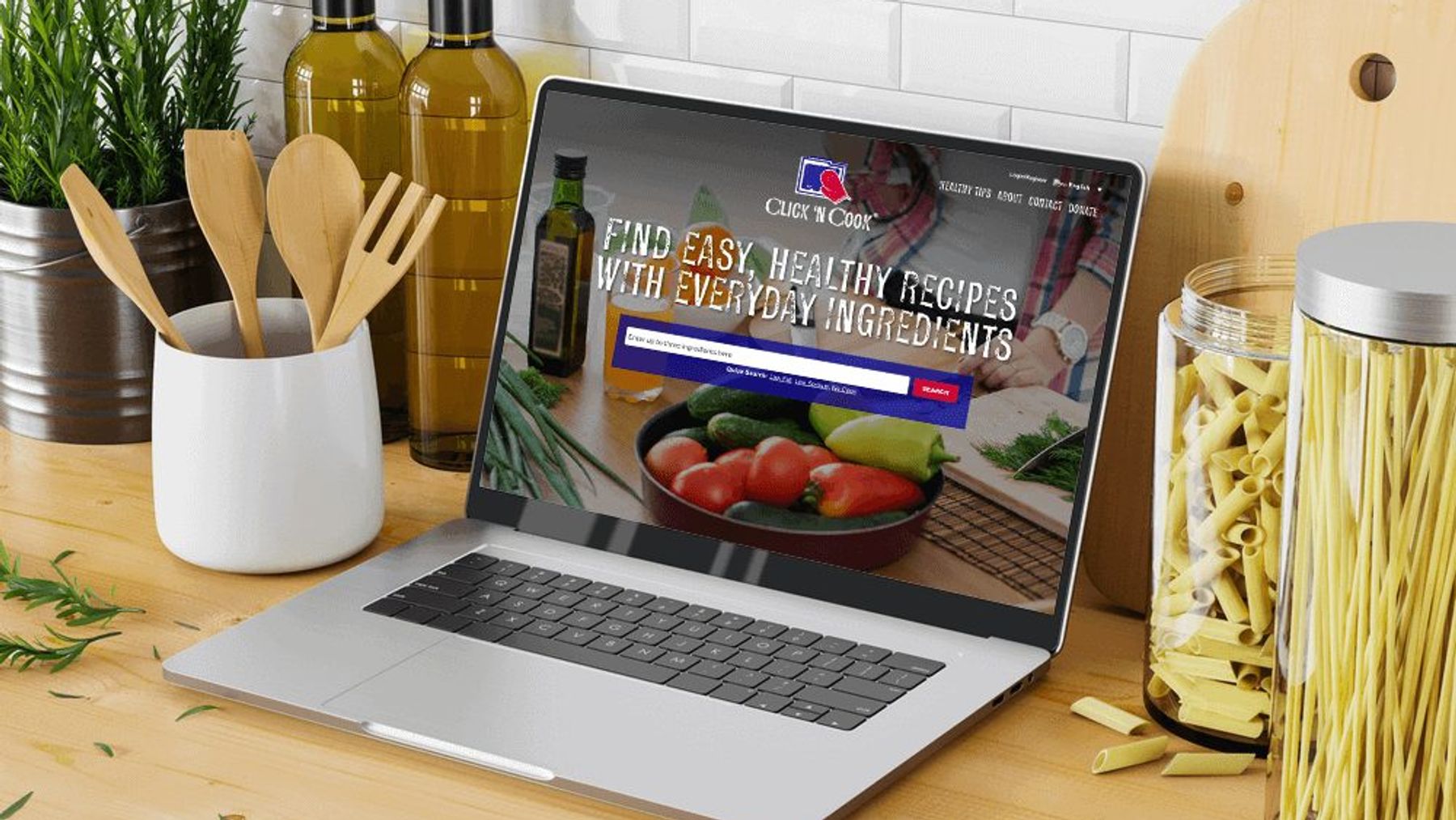 Click ‘N Cook site on a kitchen counter laptop