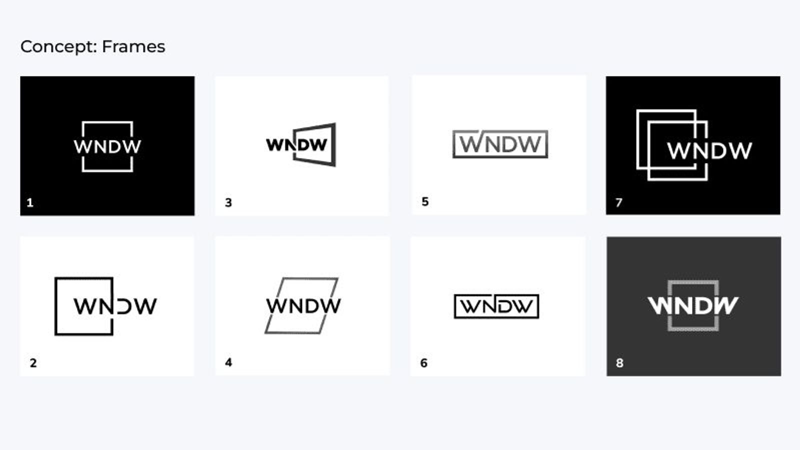 WNDW logo concepts built on a frame