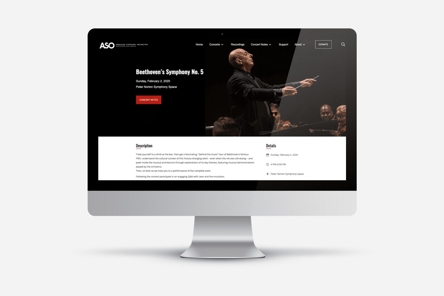 American Symphony Orchestra site on a desktop