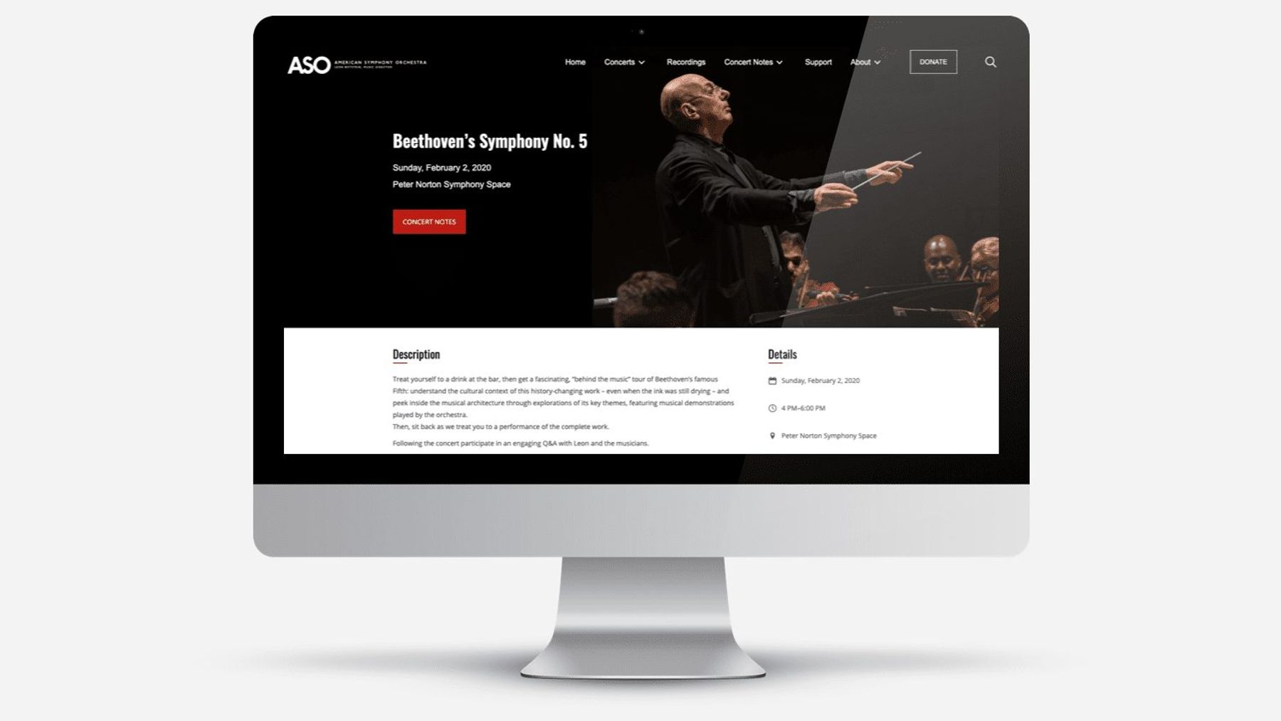 American Symphony Orchestra site on a desktop