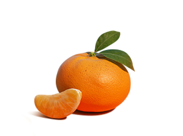 An orange with a leaf on it next to a slice of orange