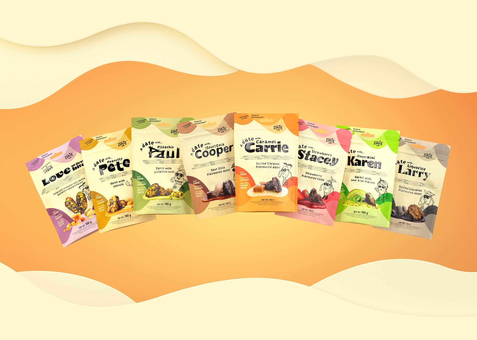 a group of bags of food sitting on top of each other on a table .