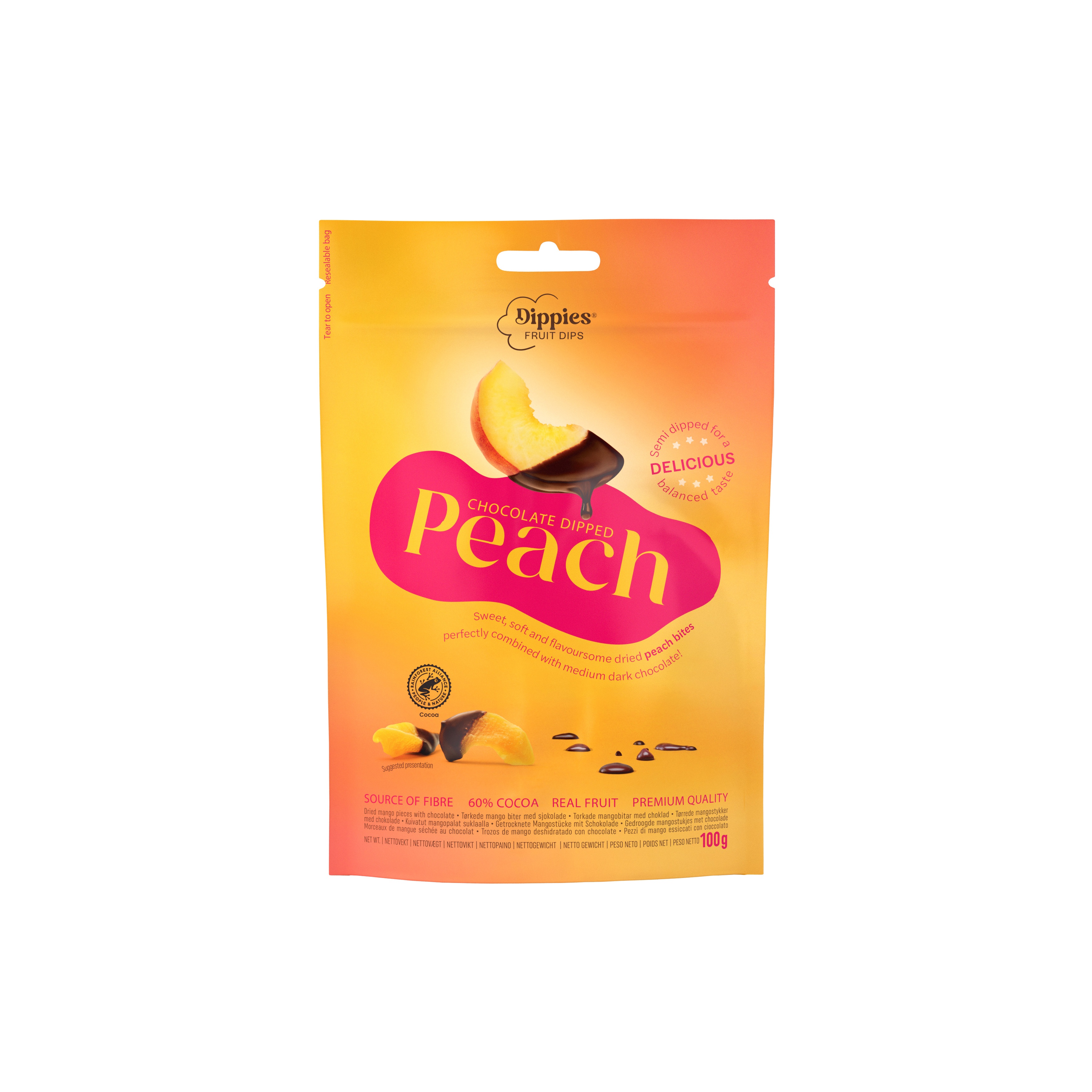 a bag of chocolate dipped peach slices on a white background
