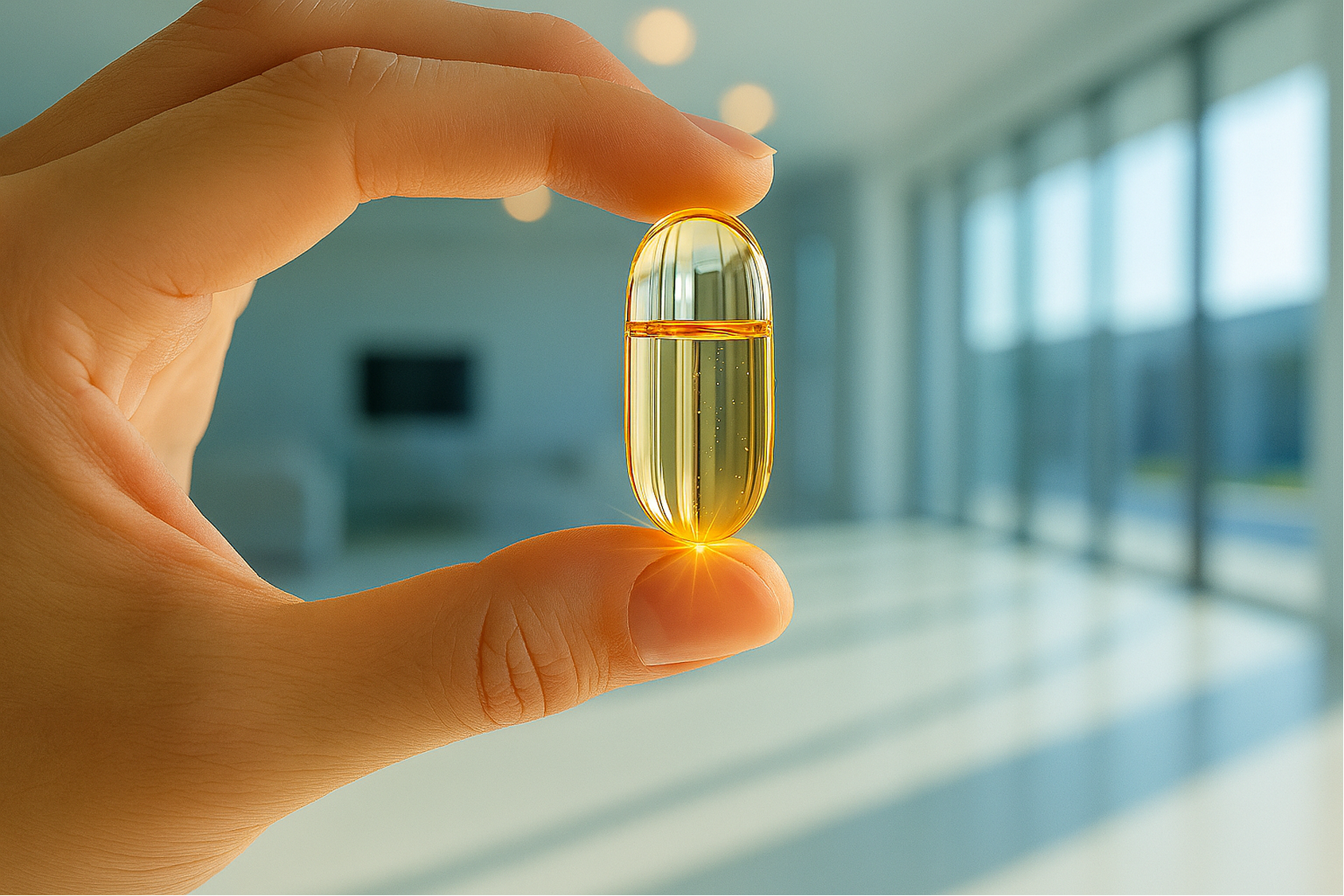 Hand holding a glowing golden gel capsule.