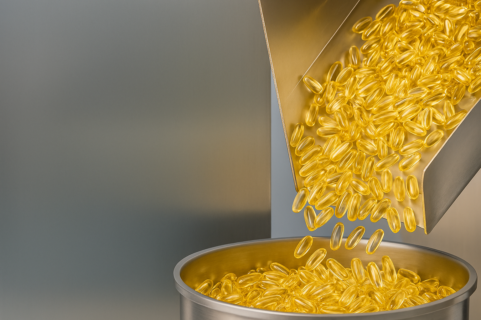 Yellow oval softgel capsules pouring from a chute into a metal bin.