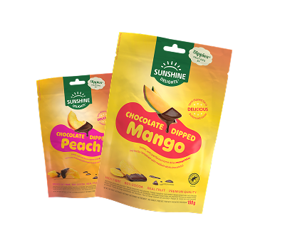 Two Sunshine Delights packages: Chocolate Dipped Mango and Chocolate Dipped Peach.