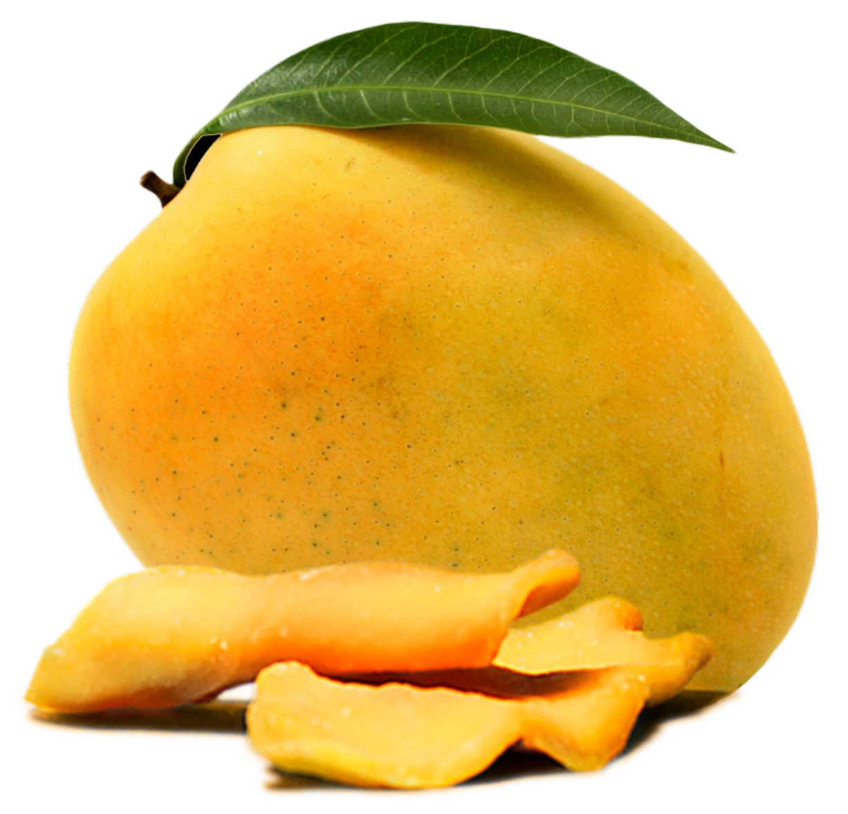 A whole yellow-orange mango with a green leaf and several mango slices on a white background.