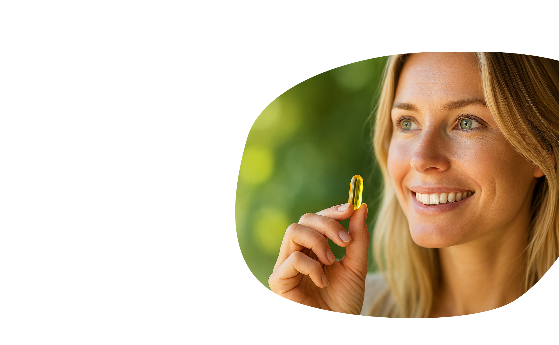 Smiling woman holding a yellow capsule outdoors.