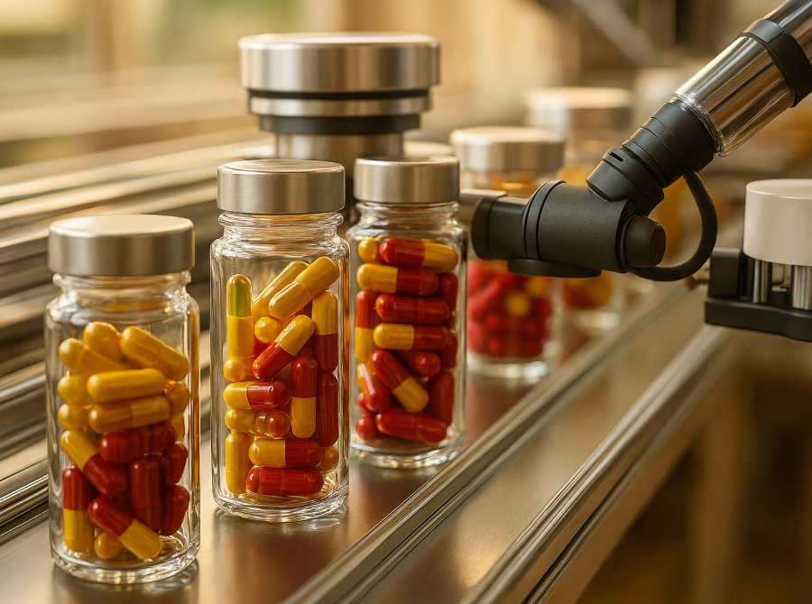 Glass bottles of red and yellow capsules on an automated production line.