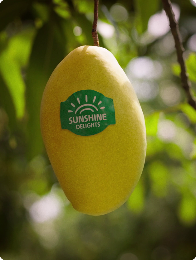 Yellow mango hanging from a branch with a green "Sunshine Delights" sticker.