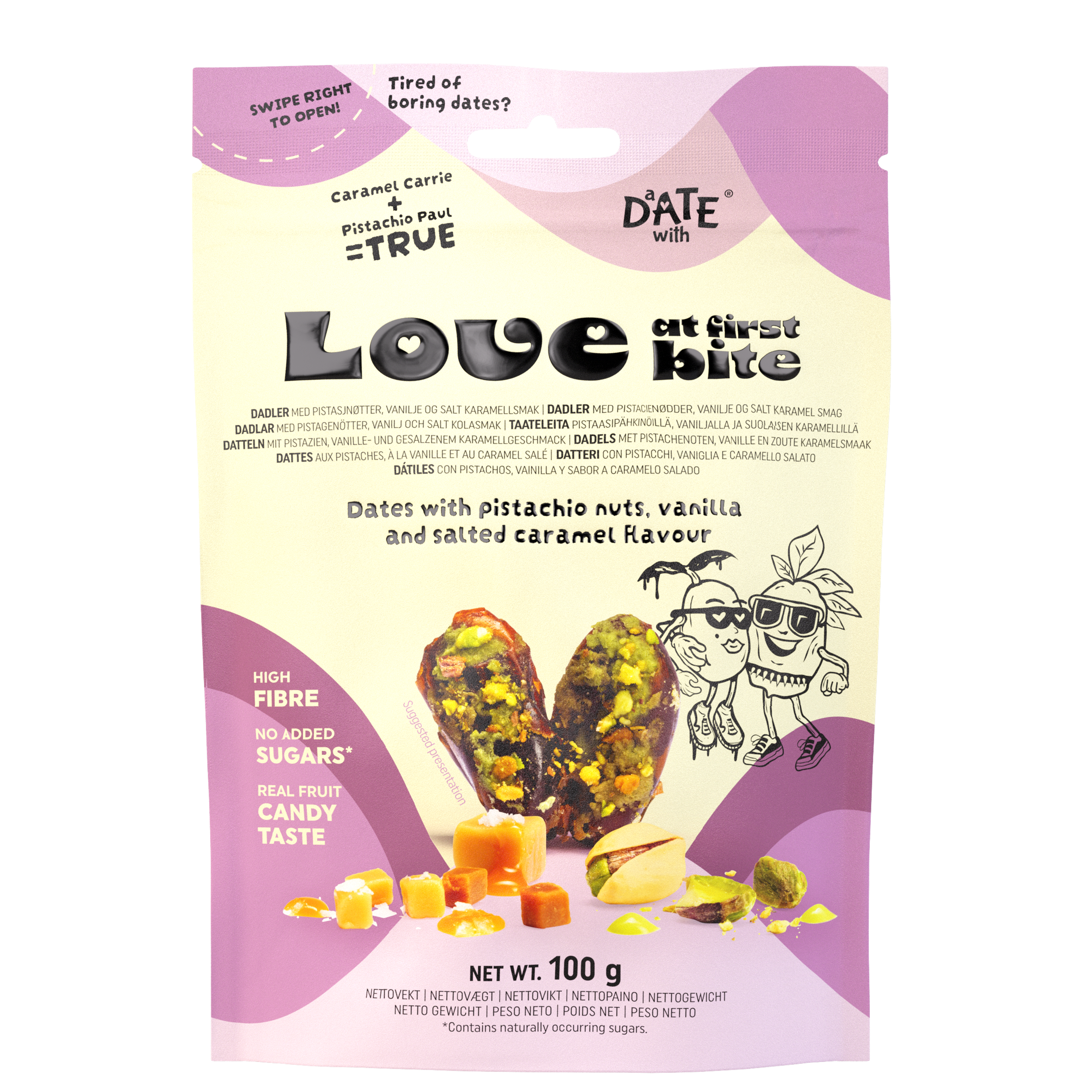 a package of love at first bite dates with pistachio nuts vanilla and salted caramel flavor