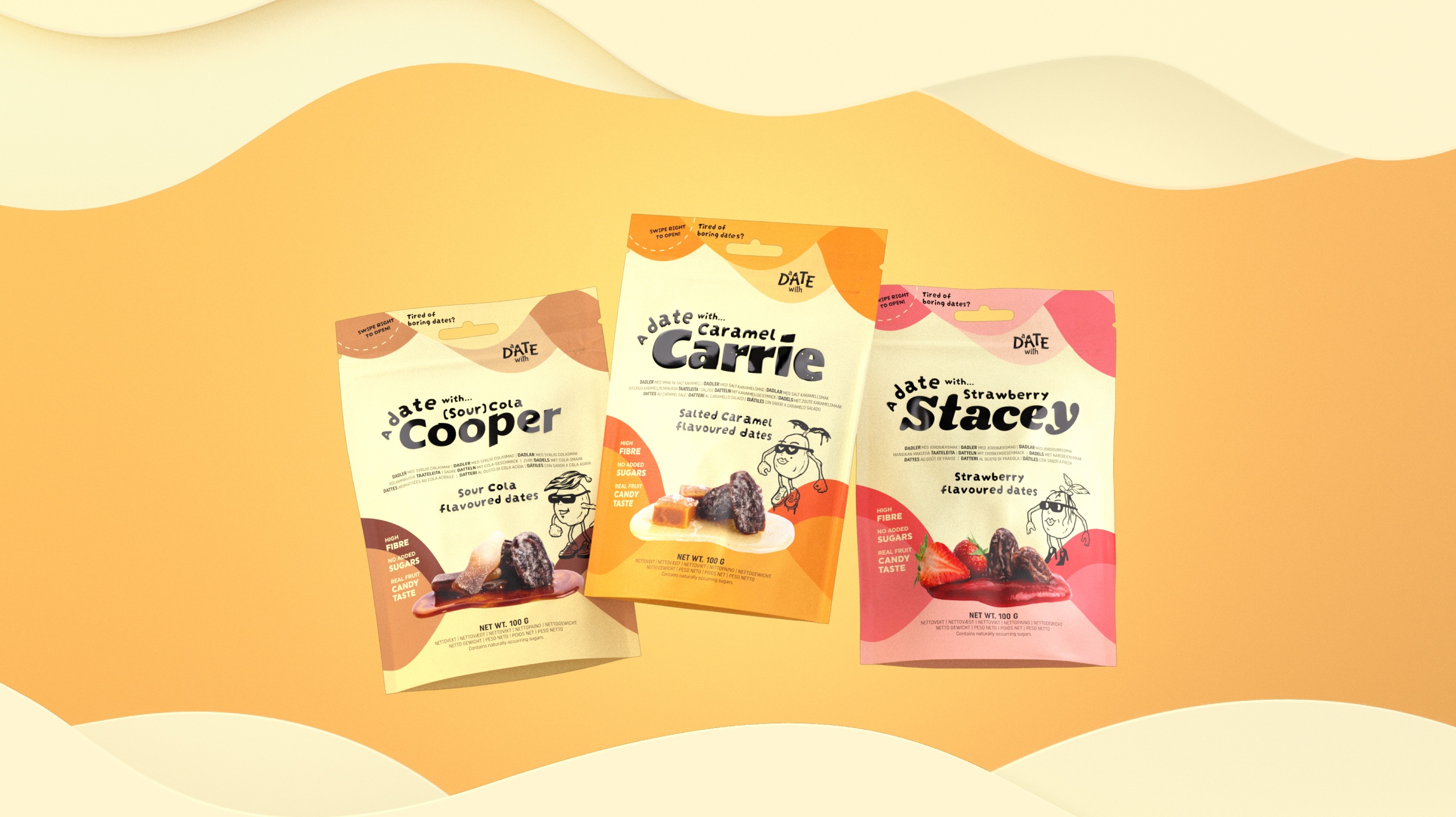 three bags of marshmallows are sitting next to each other on a table.