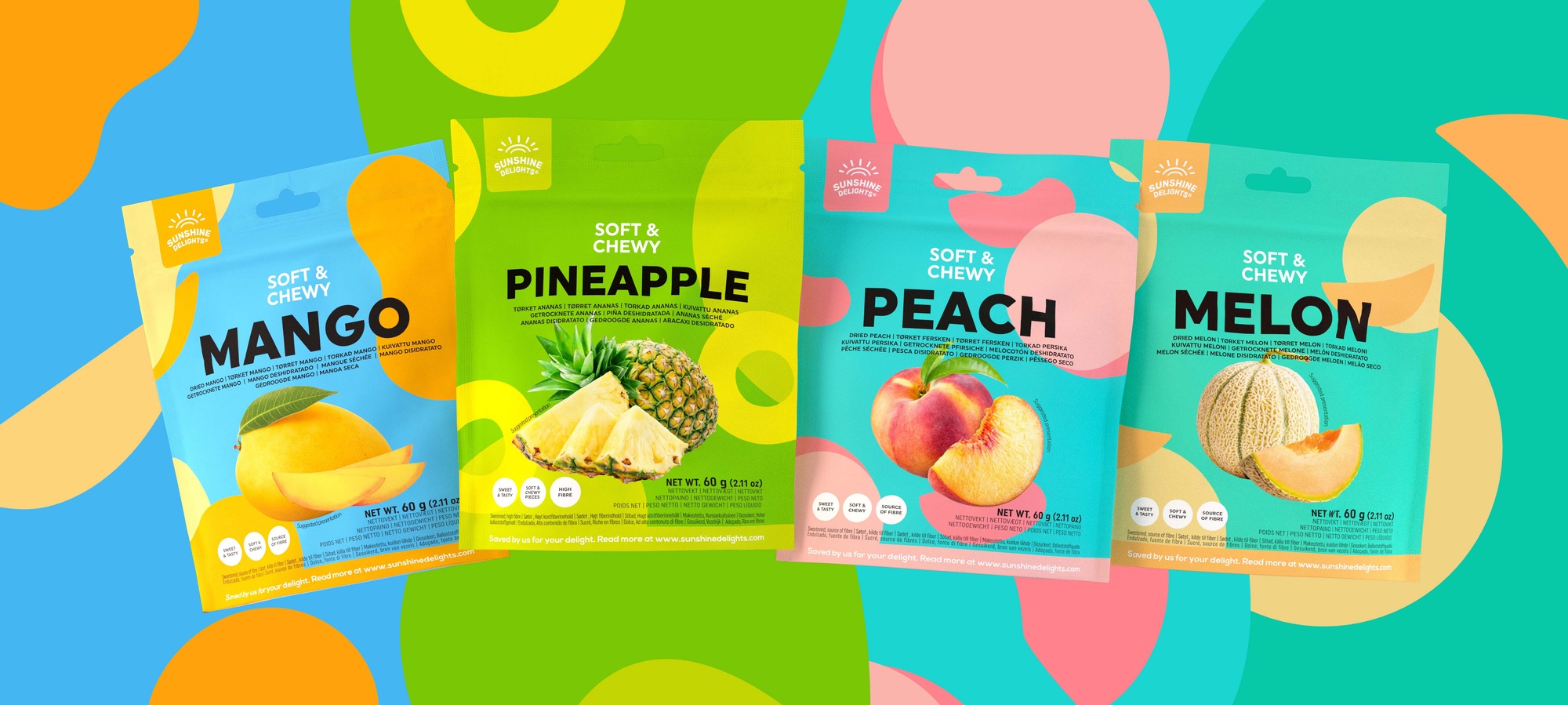 there are four different flavors of soft and chewy fruit snacks .