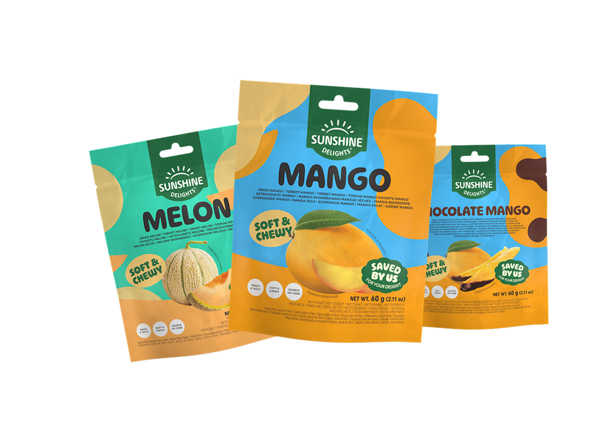 Three pouches of Sunshine Delights soft and chewy fruit snacks: Melon, Mango, and Chocolate Mango.