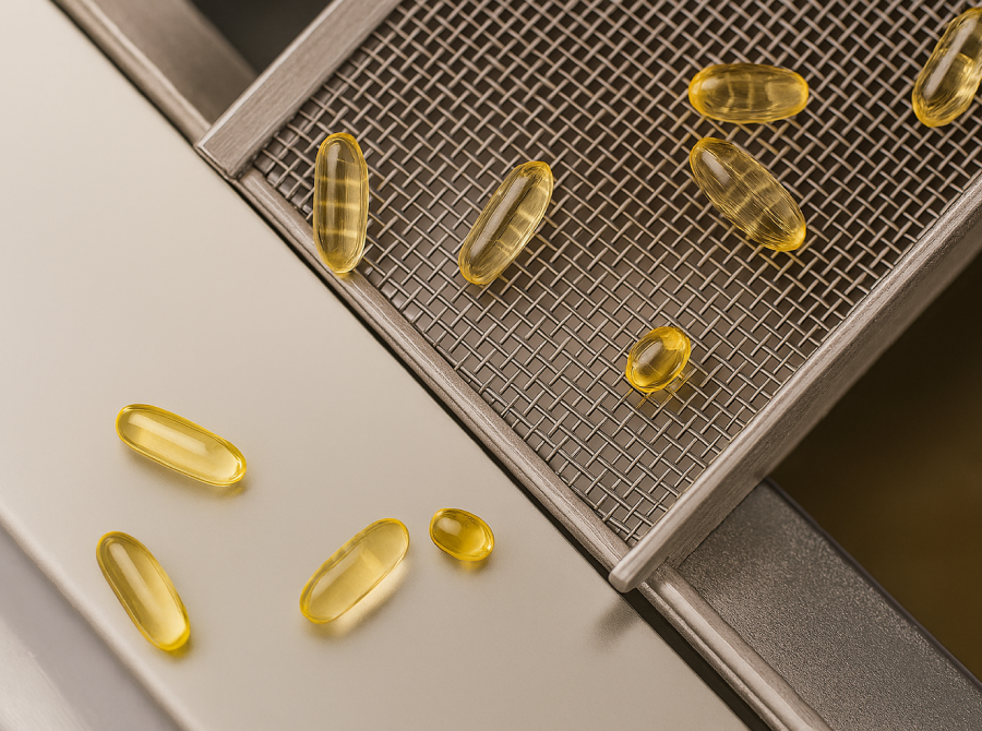 Yellow translucent softgel capsules scattered on a light surface and a metal mesh.