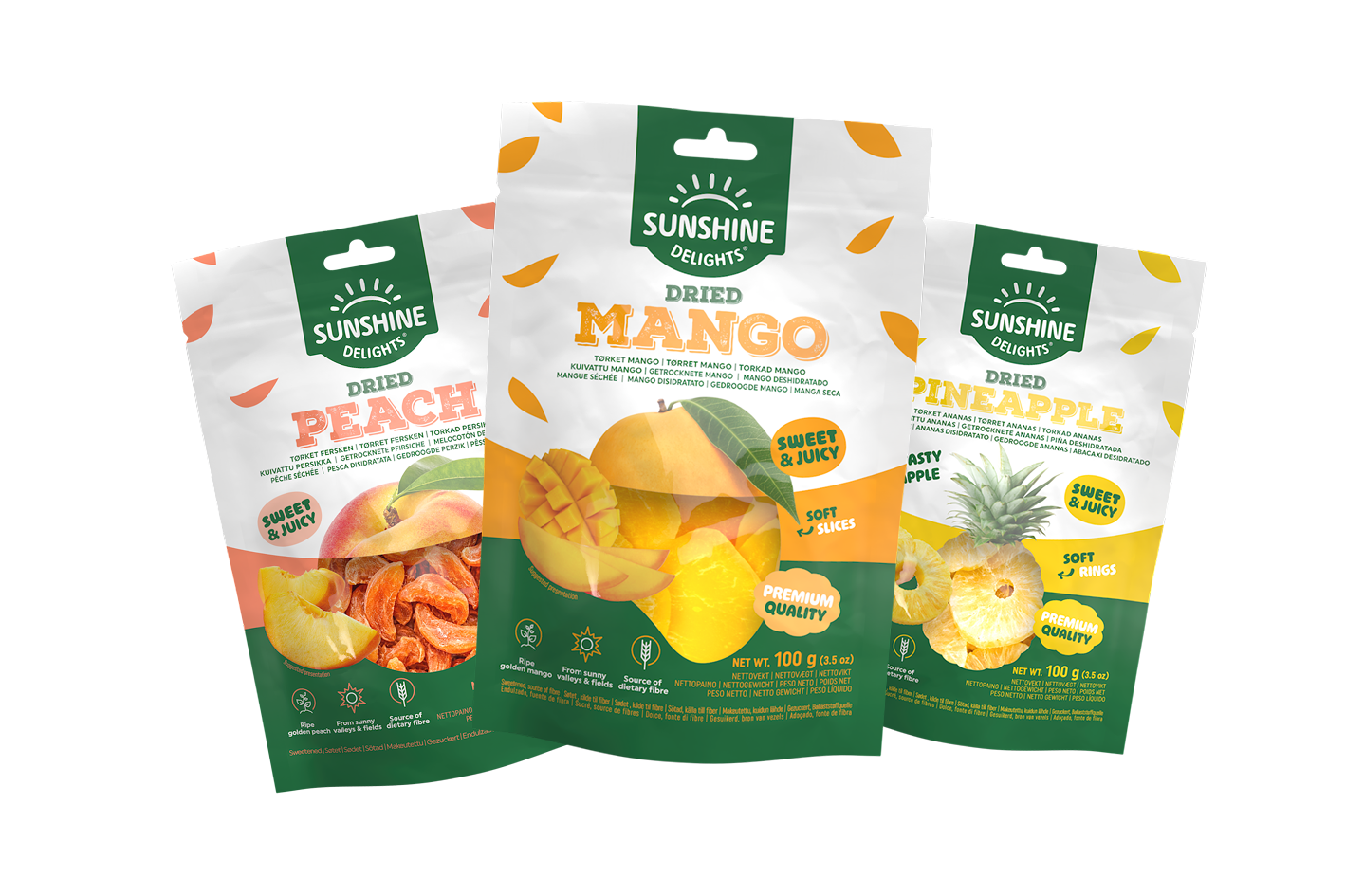 Two Sunshine Delights dried fruit pouches, one mango and one pineapple.