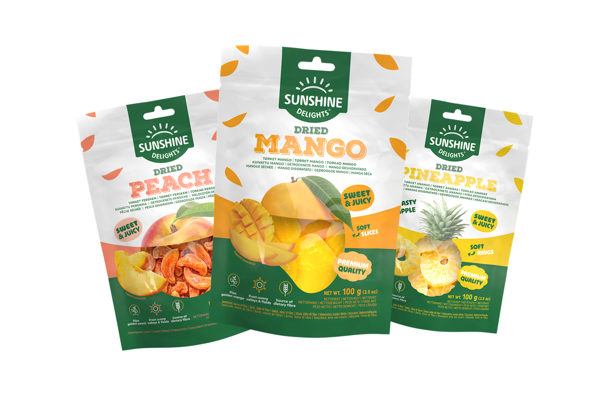 Two Sunshine Delights dried fruit pouches, one mango and one pineapple.
