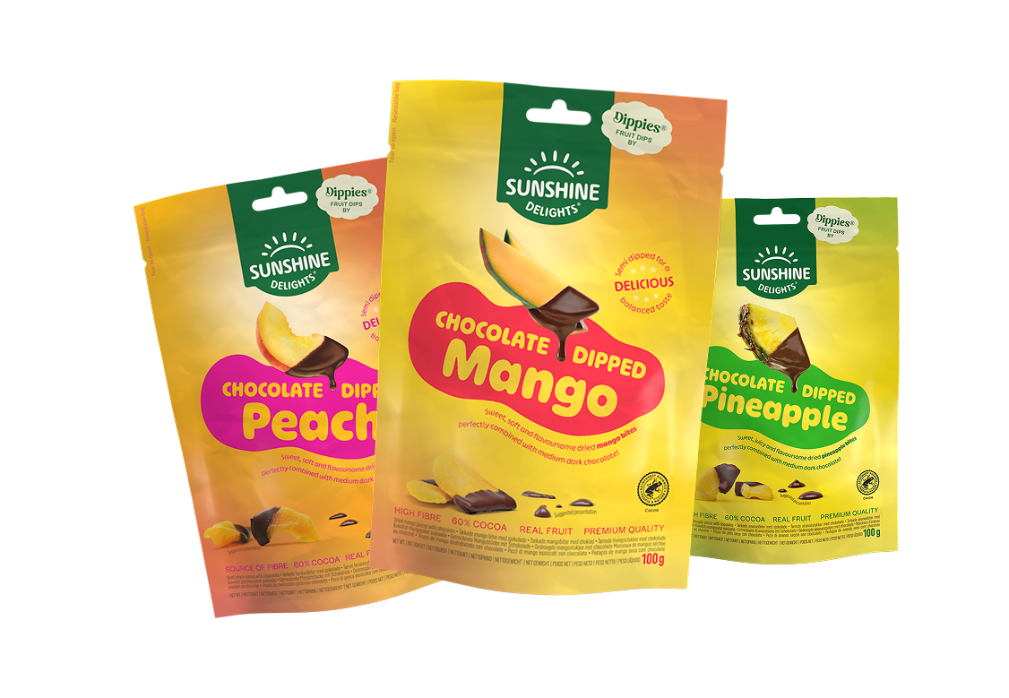 Three Sunshine Delights chocolate-dipped fruit snack pouches: Peach, Mango, and Pineapple.