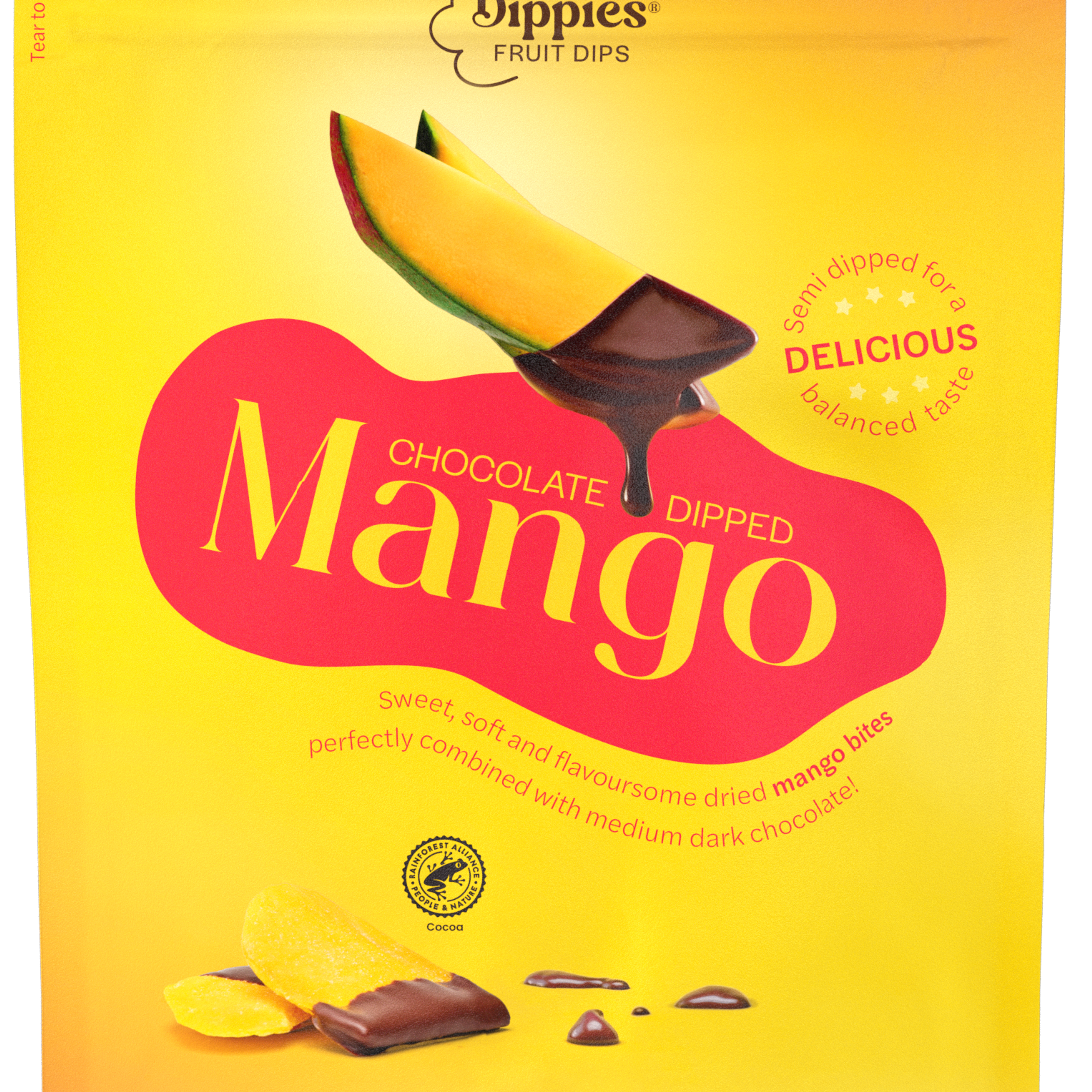 a yellow bag of chocolate covered mango slices