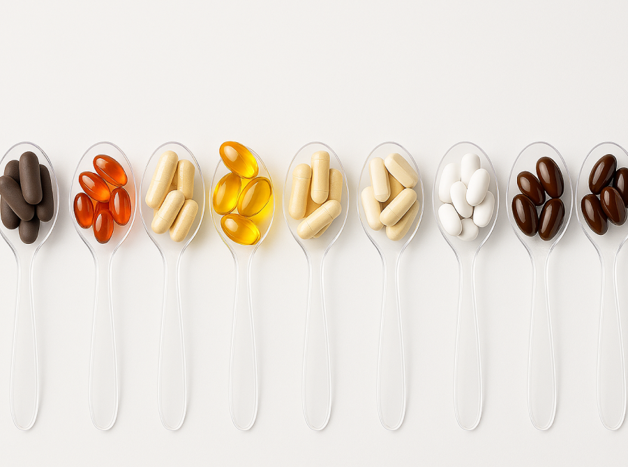A row of nine clear spoons, each holding different types and colors of pills or capsules on a white background.