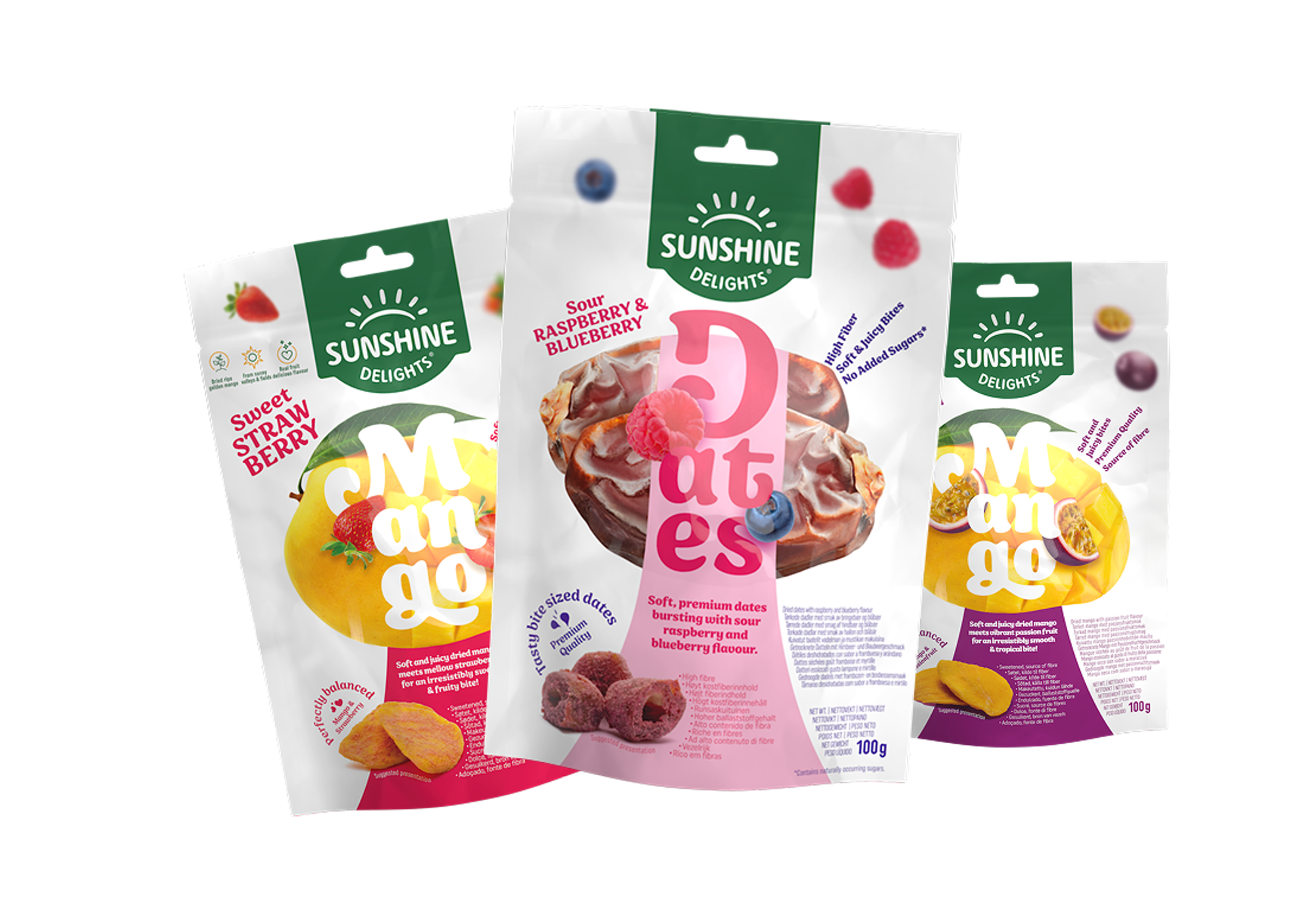 Three pouches of Sunshine Delights snacks: Sweet Strawberry Mango, Sour Raspberry & Blueberry Dates, and Passionfruit Mango.