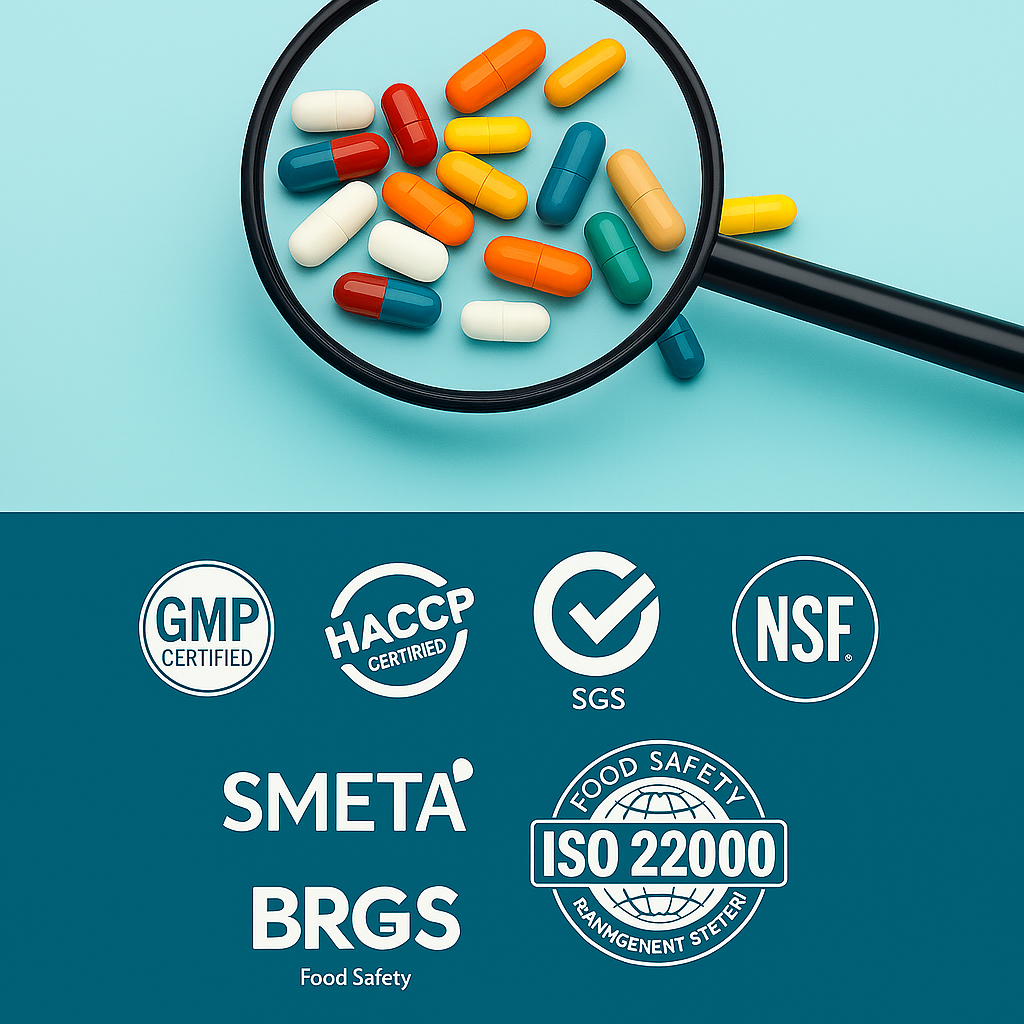 A magnifying glass over colorful pills and capsules, below which are logos for GMP, HACCP, SGS, NSF, SMETA, BRGS, and ISO 22000 food safety certifications.