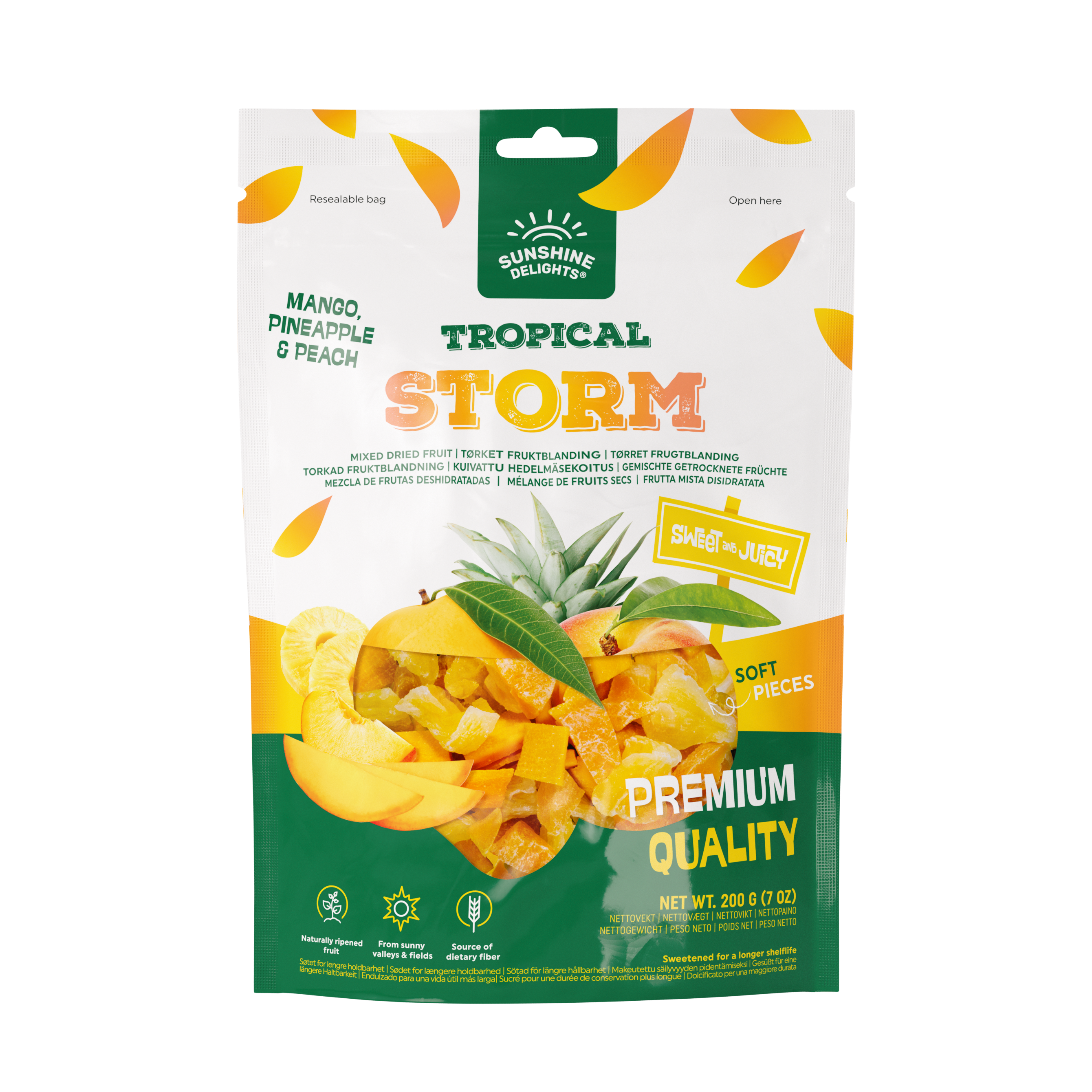 A bag of tropical storm mango pineapple and peach