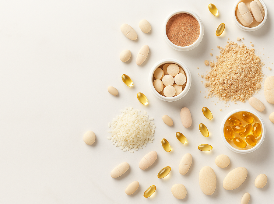 Various nutritional supplements, including pills, capsules, and powders, arranged on a white background.