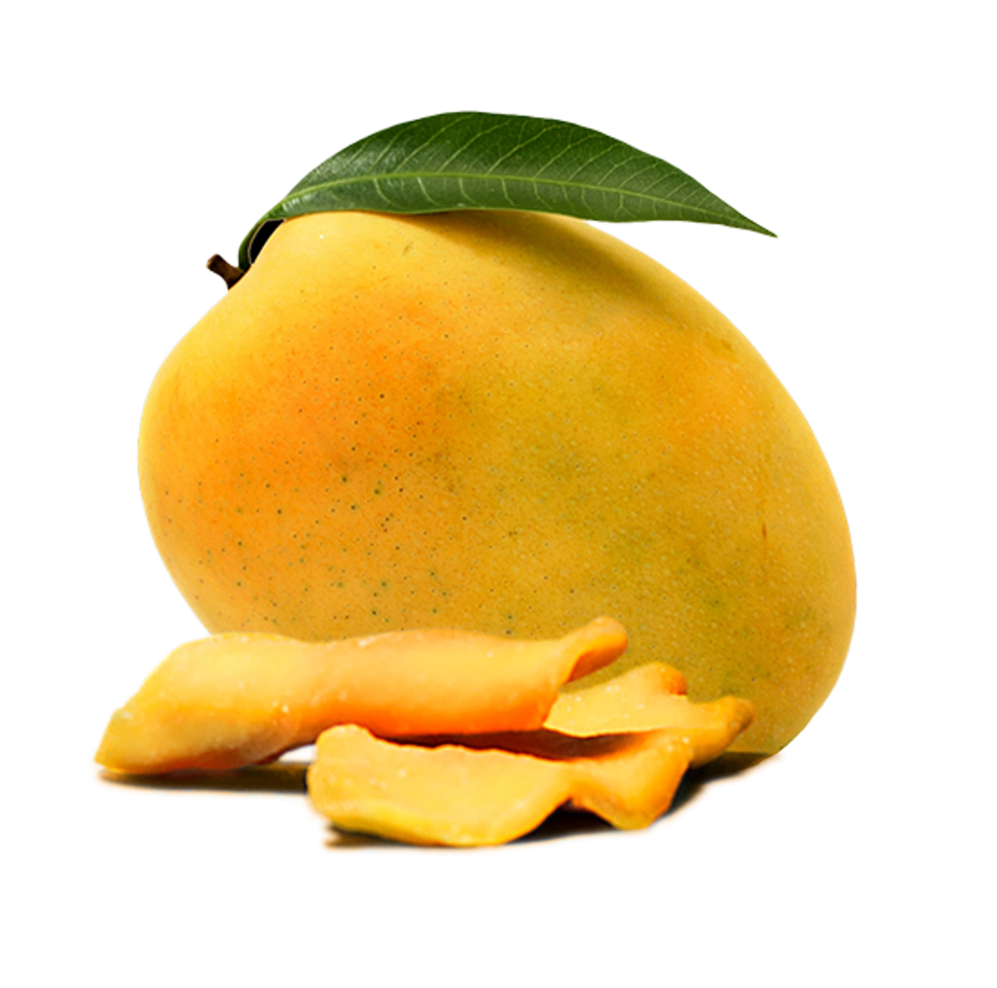a large yellow sunshine delights mango with a green leaf on top