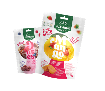 Two pouches of Sunshine Delights dried fruit snacks: Mango with strawberry and Dates with raspberry & blueberry.