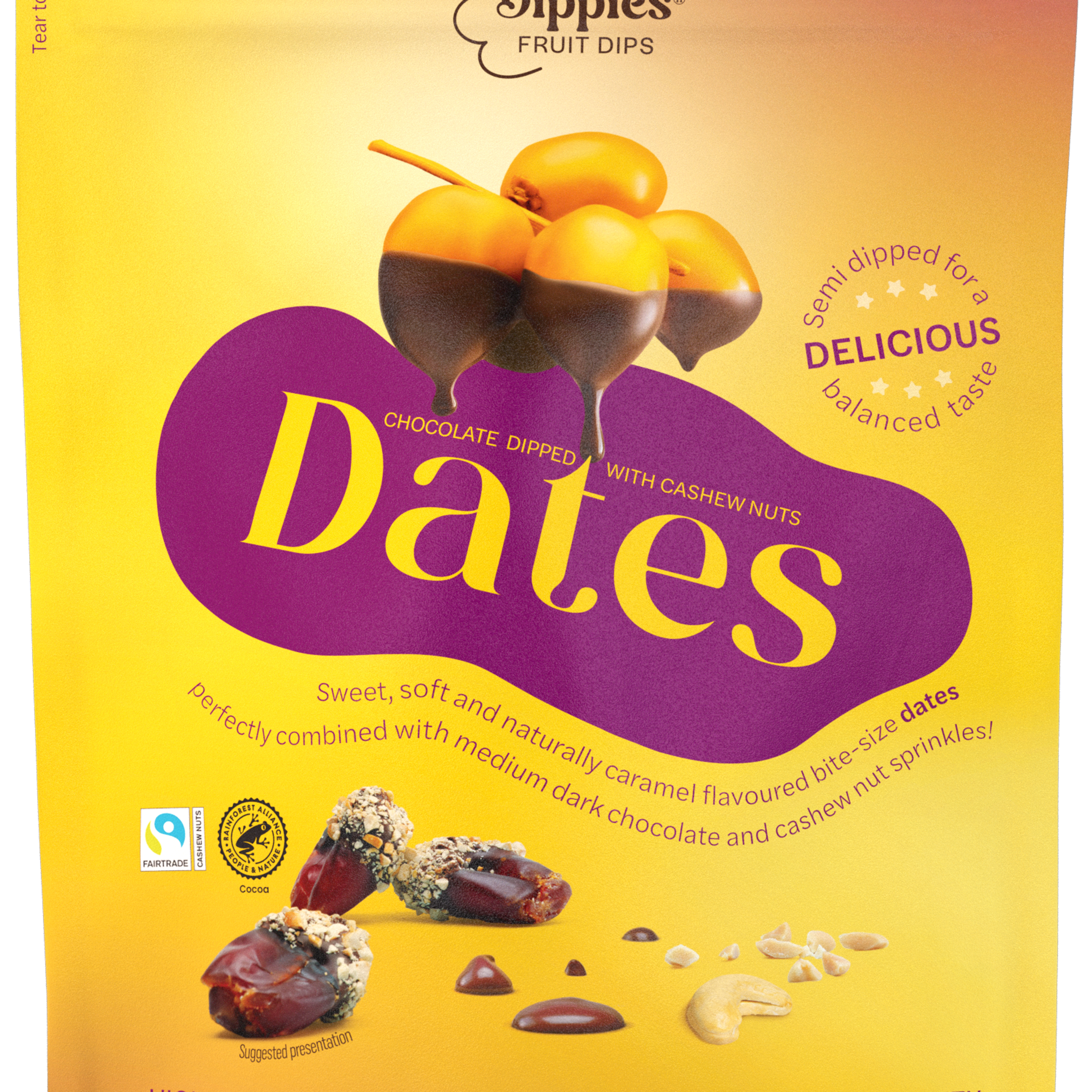 a yellow and purple bag of dippies dates